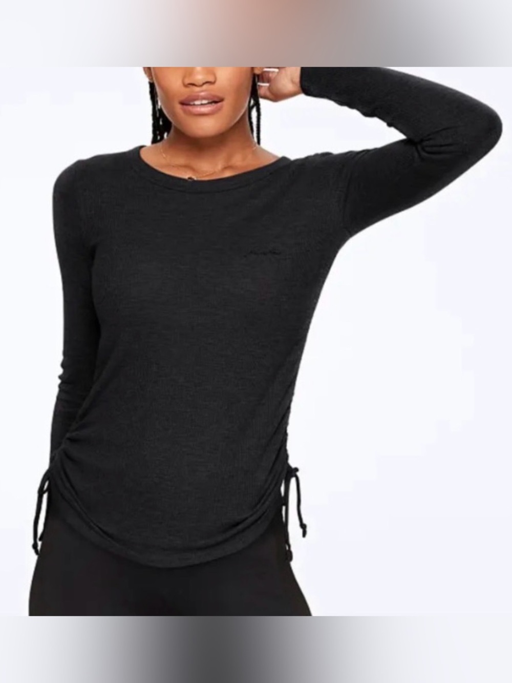 Victorias Secret PINK Cinched Side Lounge Long Sleeve Waffle Knit Shirt Black XS